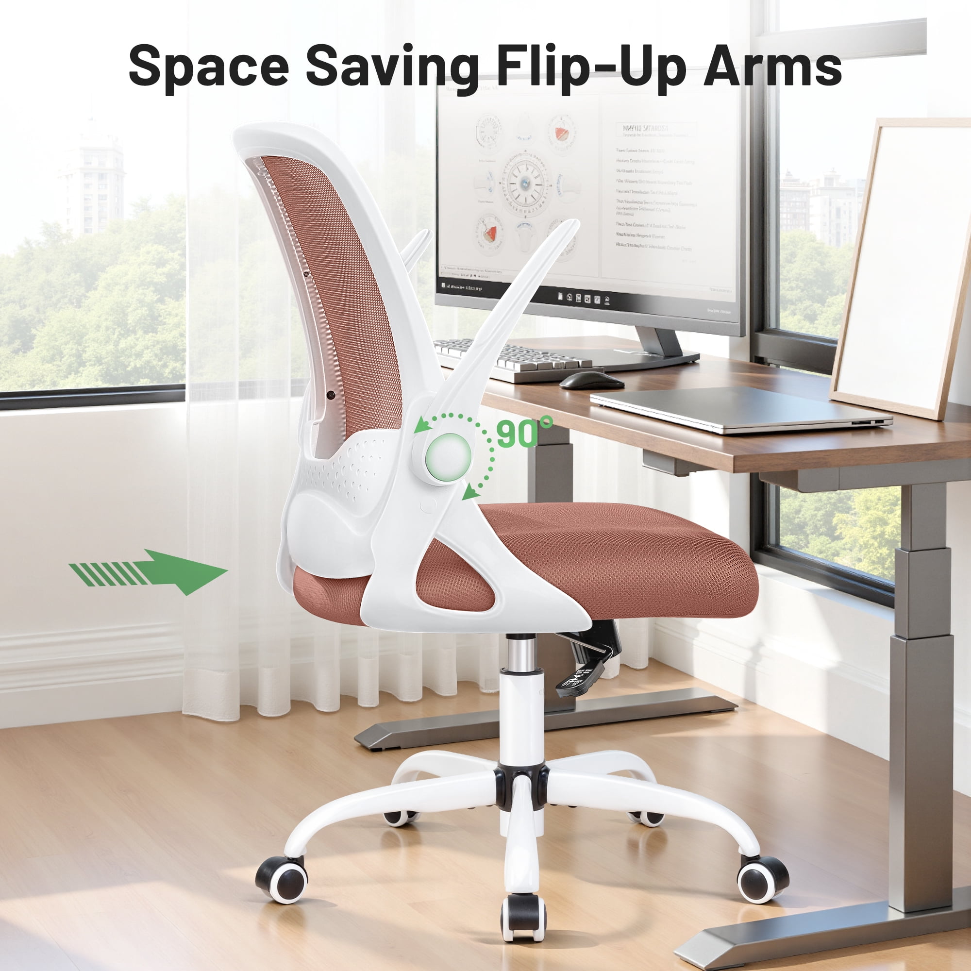 ATHOPE Office Chair, Ergonomic Desk Chair with Lumbar Support Adjustable Height Swivel Wheels Flip-up Arms Mesh Computer Gaming Chair for Home Office, Brown