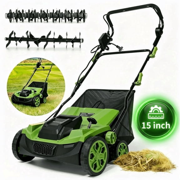 GASKY 15-inch Dethatcher and Scarifier,15A Electric Dethatcher with 5-Position Depth Adjustment & 12L Collection Bag & Tool-Free Blade Change