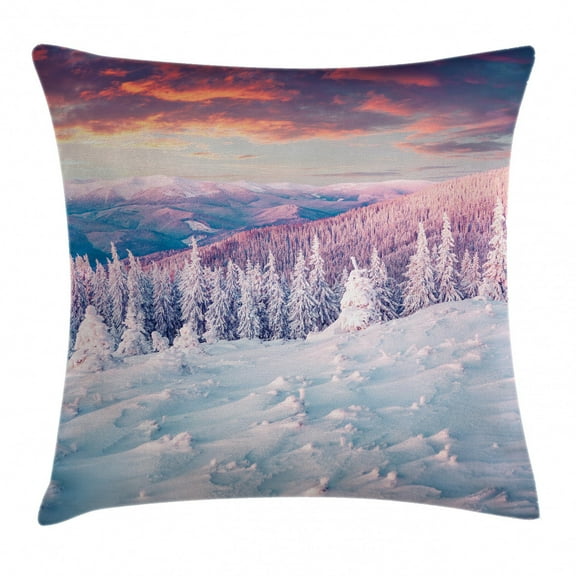 Winter Decorations Throw Pillow Cushion Cover, European Mountain Pine Forest with Sky Colors Overcast Windy Fresh Image, Decorative Square Accent Pillow Case, 20 X 20 Inches, White Pink, by Ambesonne