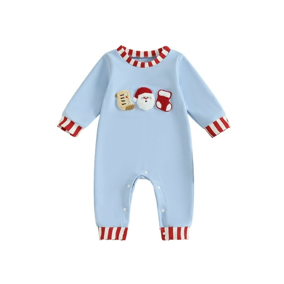 Cjfdfy Newborn Baby Boy Girl Christmas Romper Outfits Santa Embroidery Striped Crew Neck Long Sleeve Full Length Jumpsuit Fall Winter Clothes 0 3 6 12 18 Months