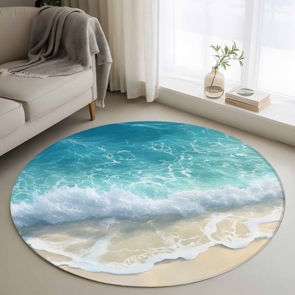 Summer Beach Coastal 3ft Round Rug, Watercolor Seaside Waves Ocean Non-Skid Rubber Backing Large Area Rugs - Living Room Bedroom Home Office, Indoor Floor Mat Carpets Washable Rug