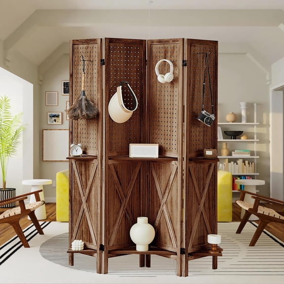 4 Panel Room Divider with Shelves, Wooden Pegboard Room Dividers, 5.6Ft Room Partitions and Dividers, Room Divider Panel with 16 Hooks for Bedroom, Dining Room, Study, Shop, Brown