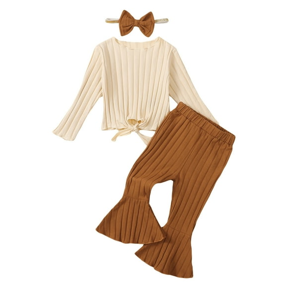 18 Months Baby Girls Clothes 24 Months Girls 3PCS Solid Color Outfits Set Round Neck Toddler Girls Long Sleeve Top Pants Set with Headband Brown