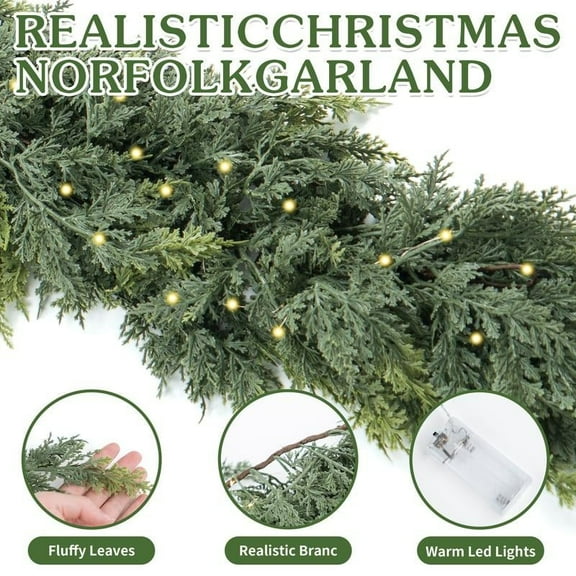 3ft Christmas Cedar Garland With LED Lights , Christmas Garland, LED Lights Cedar, Holiday Decor, Realistic Faux Material, for Fireplace Mantle Wall, Indoor Outdoor Winter | KTFgvq