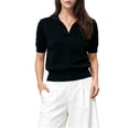 thumbnail image 3 of Women'S Short Sleeve Po-Lo Sweater Knit V Neck Pullover Shirt Summer Top Black S, 3 of 7
