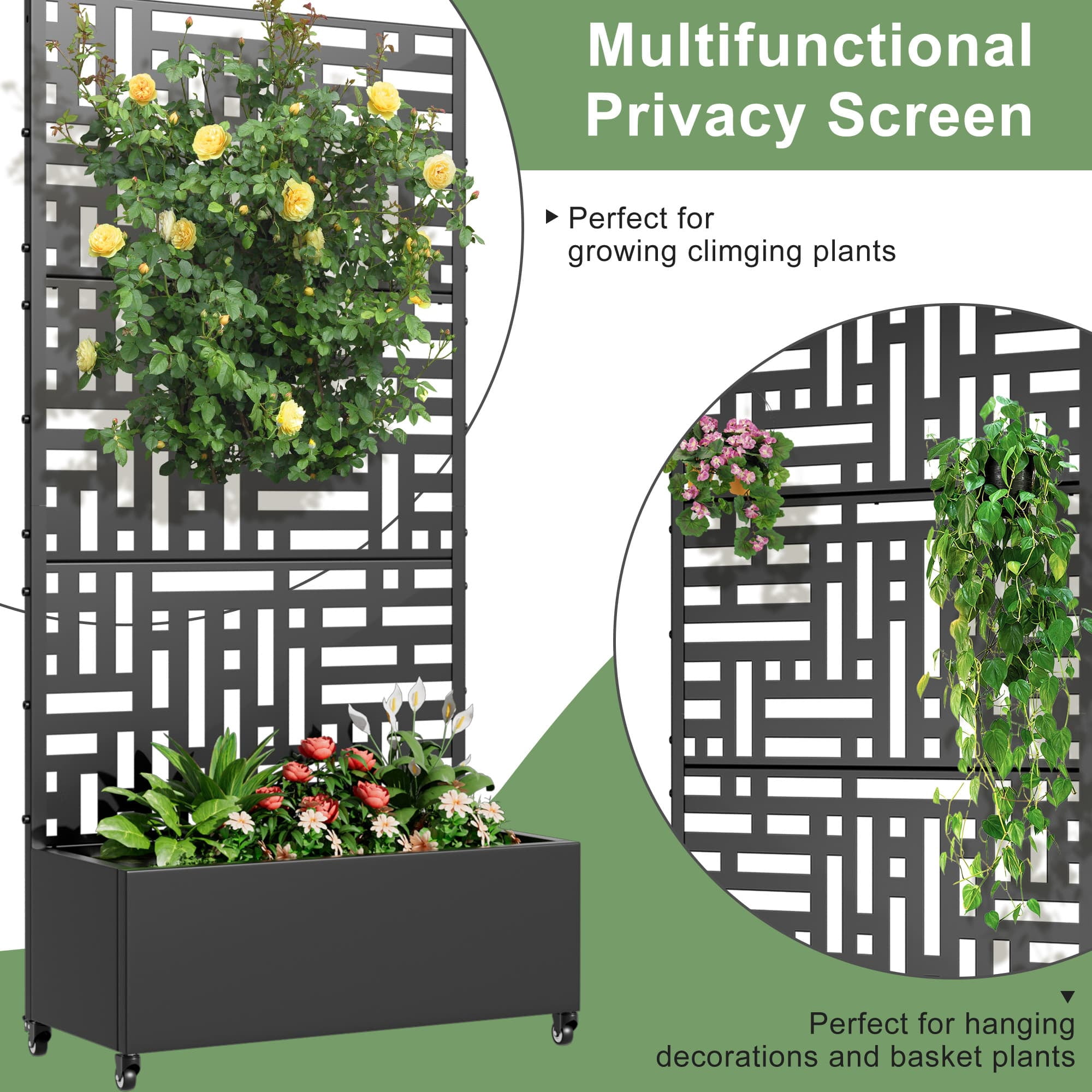 MAYEERTY 35*16*71" Black Metal Planter with Rect Climbing Trellis, Drainage hole & Wheels, Street Pattern