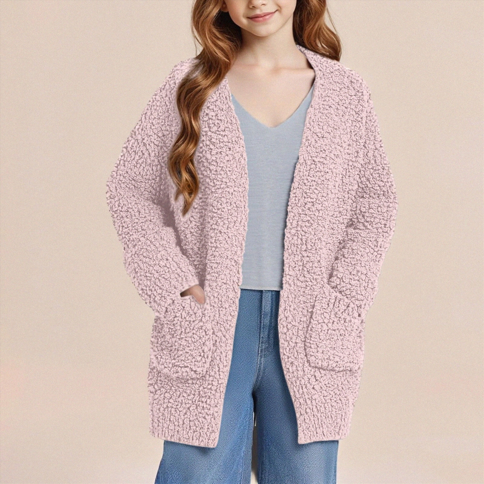 xaweyi Girls Fleece Jackets Winter Coats Warm Cosy Long Sleeve Open Front Plush Casual Outwear School Coats Lightweight Jackets,Sizes 9-10 Years