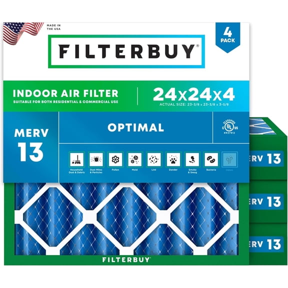 Filterbuy 24x24x4 Air Filter MERV 13 Smoke Defense, Pleated HVAC AC Furnace Filter Replacement, 4-Pack