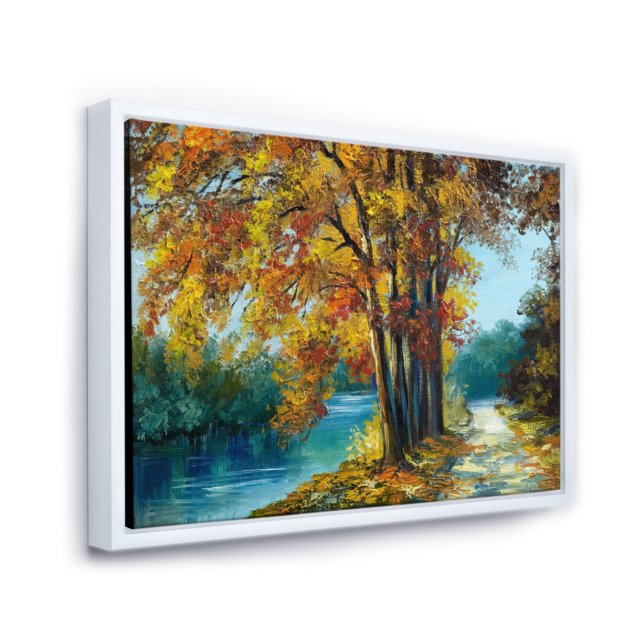 Designart 'Abstract Trees In Warm Autumn Colors By Bright Blue River' Traditional Framed Canvas Wall Art Print