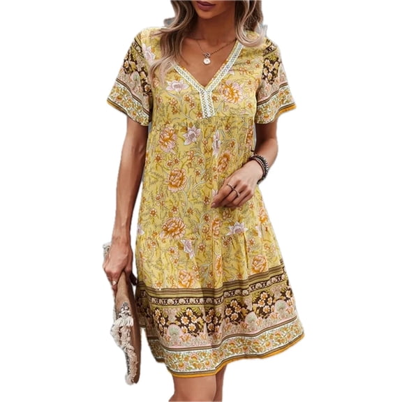 Women's Floral Print V-Neck Summer Dress 100% Cotton Lightweight Sundress for Casual Everyday Wear Beach Ready