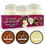 NRB All Natural Lip Scrub 3 Piece Set to exfoliate and hydrate dry chapped lips, Coconut, Chocolate & Vanilla .5oz each