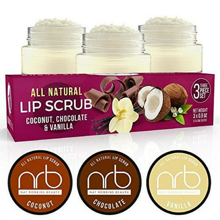 NRB All Natural Lip Scrub 3 Piece Set to exfoliate and hydrate dry chapped lips, Coconut, Chocolate & Vanilla .5oz each