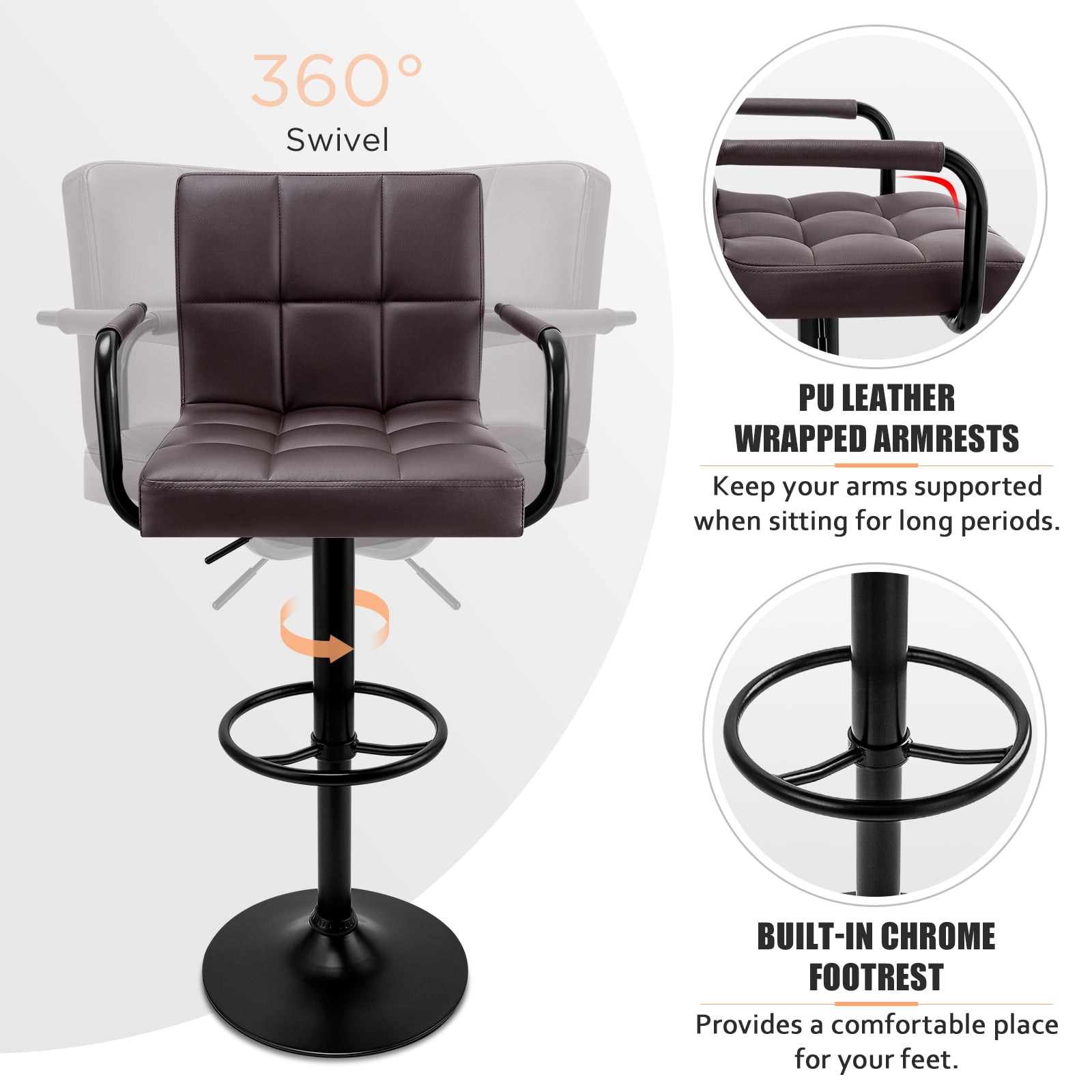 Soontrans Bar Stools Set of 2 Swivel Counter Height Stools with Arms and Back, Adjustable Island Chairs for Kitchen, Modern Barstools with Backrest and Armrest(Coffee, 2Pcs)