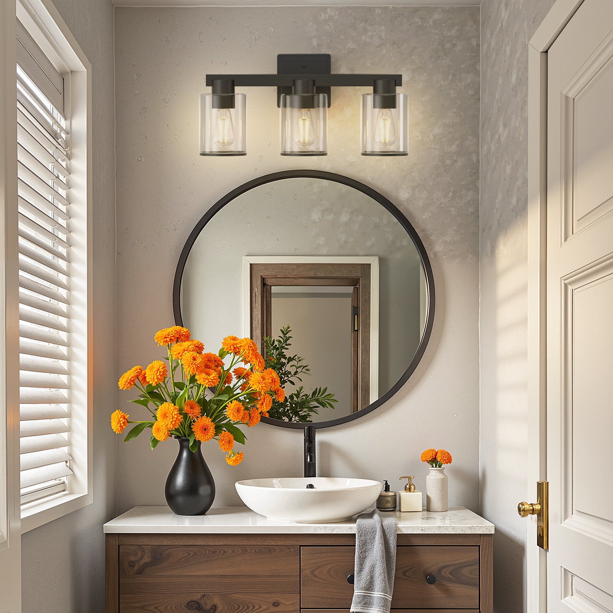 YANSUN 17.7in 3-Light Industrial Vanity Light with Clear Glass Shades, Black Bathroom Wall Sconce for Mirror, Bedroom & Living Room