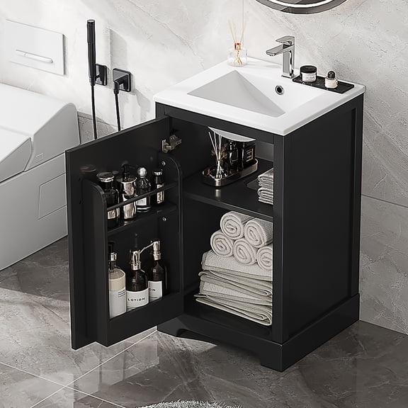 MIDOQIN 20" Bathroom Vanity with Sink, Free Standing Single Basin Vanity Set with Storage Rack Shelf & One Drawer, Wooden Bathroom Cabinet with Ceramic Basin