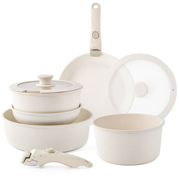 Refurbished Caannasweis 9535-6PCS-Beige 13 Pieces Stackable Nonstick Cookware Sets Removable Handle Induction Pots & Pans