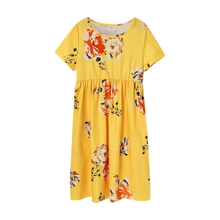 

Summer Dresses for Girls Short Sleeve Fashion Dress Casual Print Yellow 140
