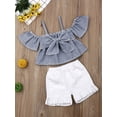 thumbnail image 5 of Dewadbow Toddler Baby Girls Kids Bowknot Off-Shoulder Striped Tops Short Pants, 5 of 6
