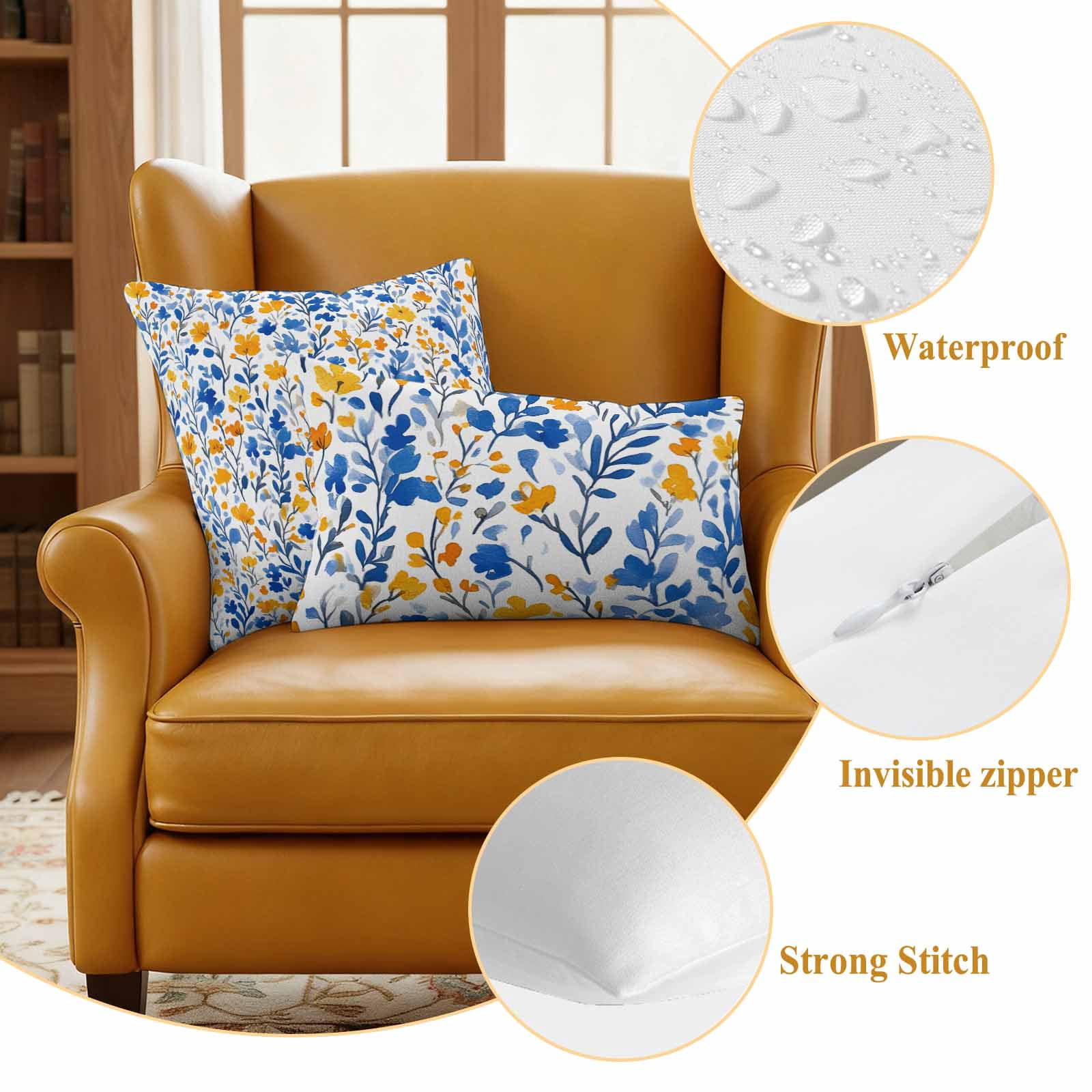 Watercolor Lake Pillow Covers 2 Pack Blue and Yellow Floral Leaves Spring Plant Pillowcase Waterproof Outdoor Throw Pillow Cover for Patio Garden Square Cushion 16”x16”