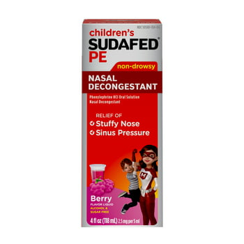Children's Sudafed PE Nasal Decongestant, Liquid Cold  Medicine with Phenylephrine HCl, Alcohol Free and Sugar-Free, Berry-Flavored, 4 fl. oz