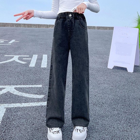 TMOYZQ Kids Girl's Jeans High Elastic Waisted Button Wide Leg Jeans Fashion Casual Loose Long Denim Pants with Pockets on Sale Clearance