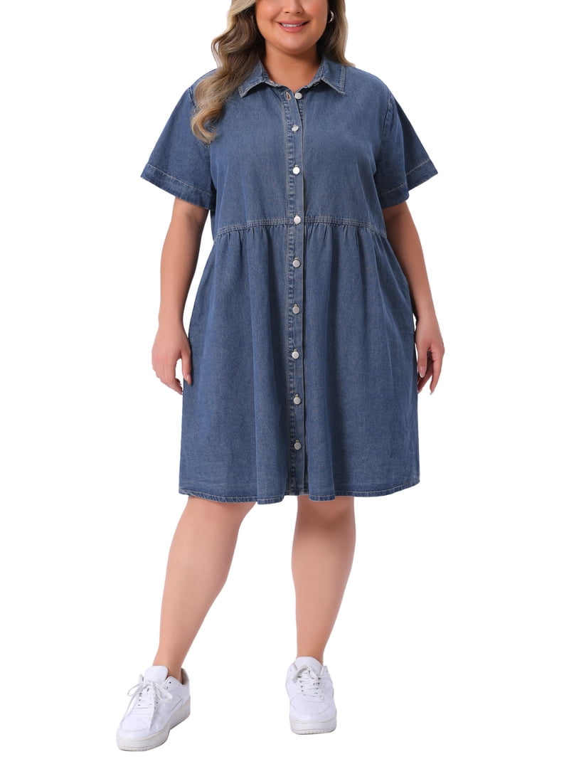 Agnes Orinda Women's Plus Size Babydoll Denim Dress Tiered Button Down  Lapel Short Sleeve Casual Jean Shirt Dresses with Pockets 4X Gray Blue -  Walmart.com