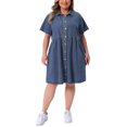 thumbnail image 2 of Vestido babydoll de mezclilla para mujer de talla grande Agnes Orinda, con cierre de botón, solapa, mangas cortas, vestido de camisa de jean casual con bolsillos 3X gris azul, 2 of 8