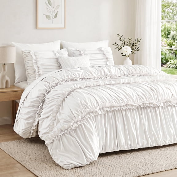 Lipa King Comforter Set,7-Piece Bed in a Bag,Ruffled Design Bedding Set,Comforter,Flat Sheet,Fitted Sheet,Pillowcases and Shams,White
