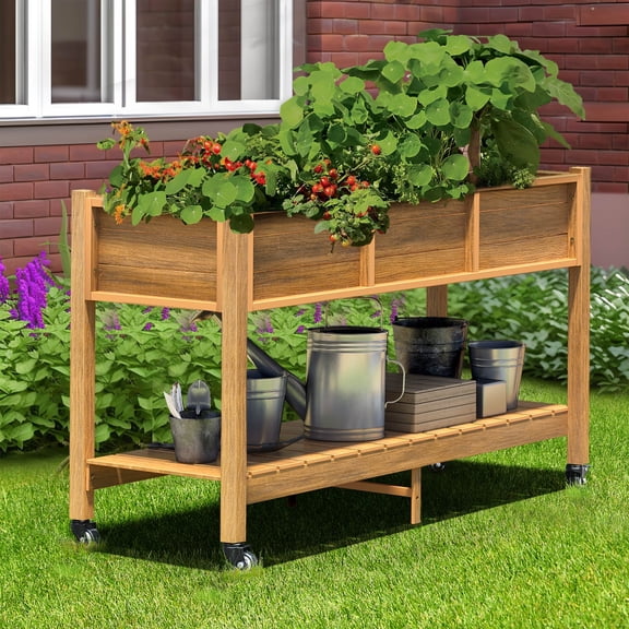 DWVO Raised Garden Bed with Planter Box with Storage Shelf & Lockable Wheels, Elevated Wooden Planter Box Stand for Backyard, Patio, Balcony, 450lb Capacity - Brown