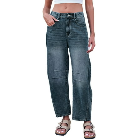Mid Rise Barrel Jeans For Women Wide Leg Mid Waist Cropped Denim Pants Baggy Boyfriend Jeans With Pockets on Pant Women