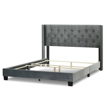 Glamour Home Asali Queen Bed with Button Tufting and Nail Headed Wings in Gray