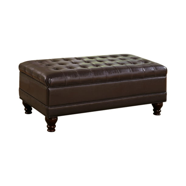 Tufted Storage Ottoman With Turned Legs, Tufted Brown Leather Storage Ottoman