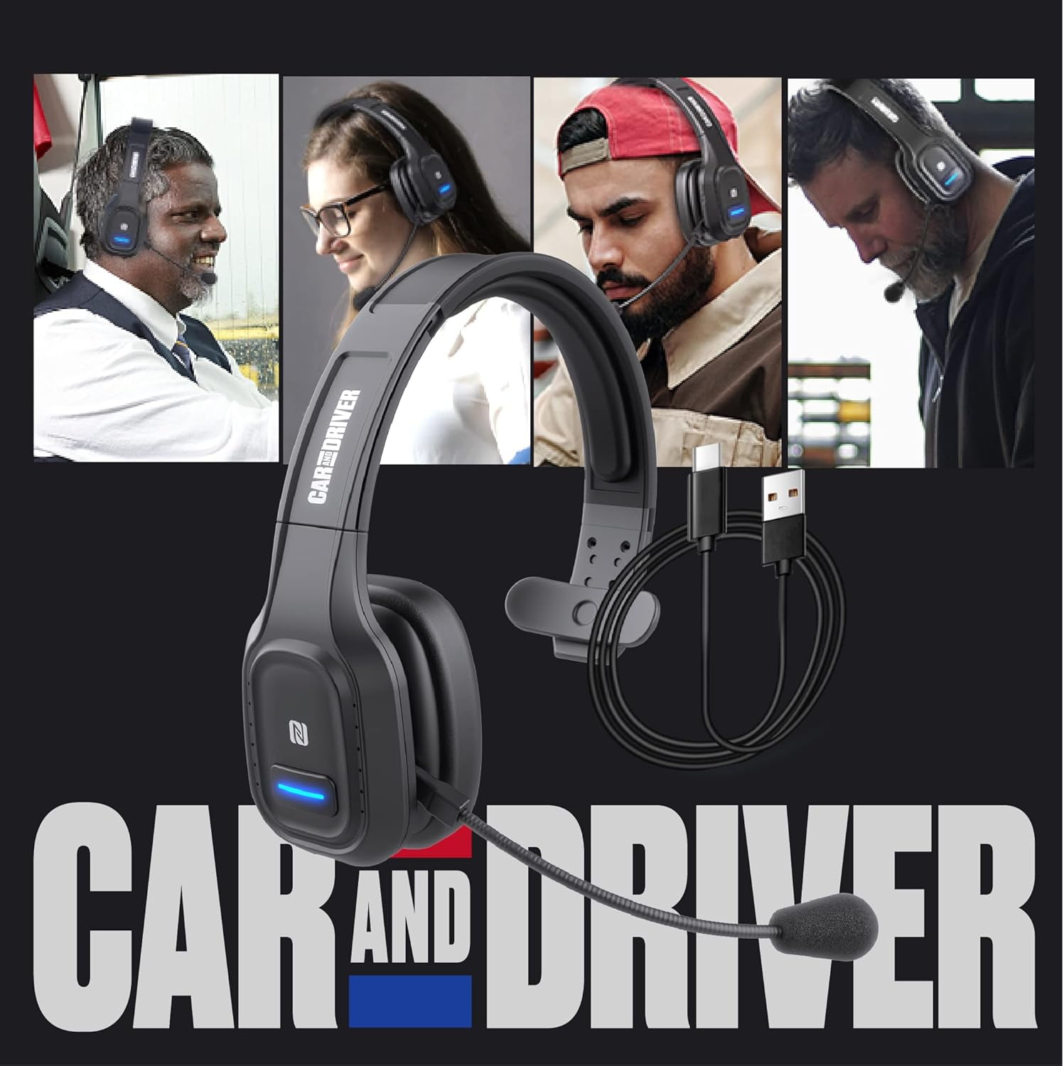 Car and Driver Trucker Bluetooth Headset, Wireless Headset Noise Canceling Headphones with Microphone, Home Office, Zoom, Call Center, Clear Highway, Siri Alexa Google Compatible