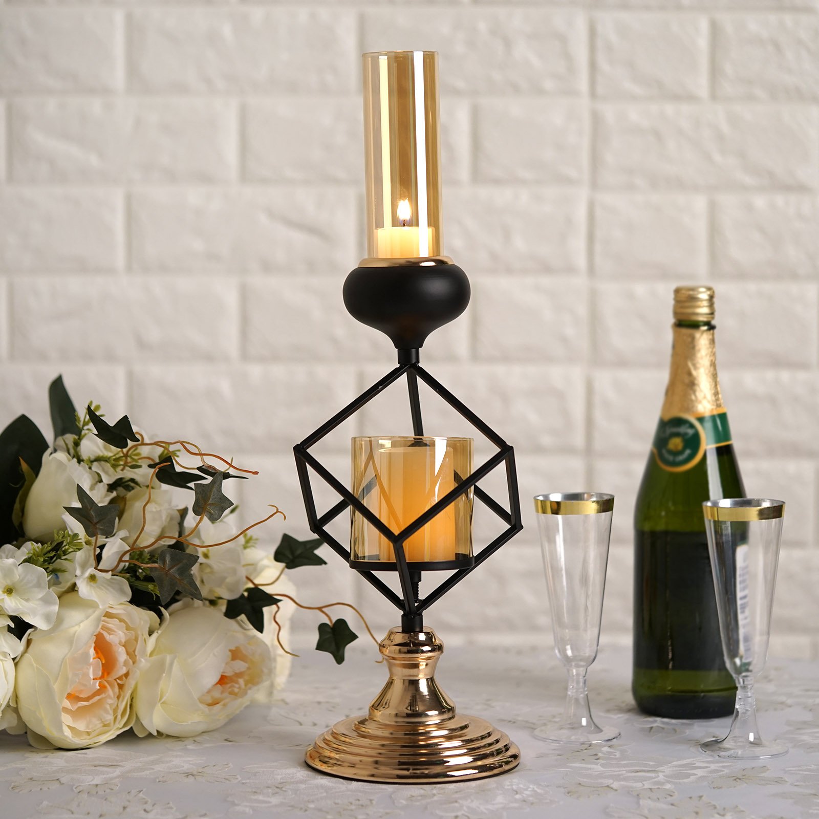 13" Metallic Gold & Black Geometric Metal Candle Holder with Amber