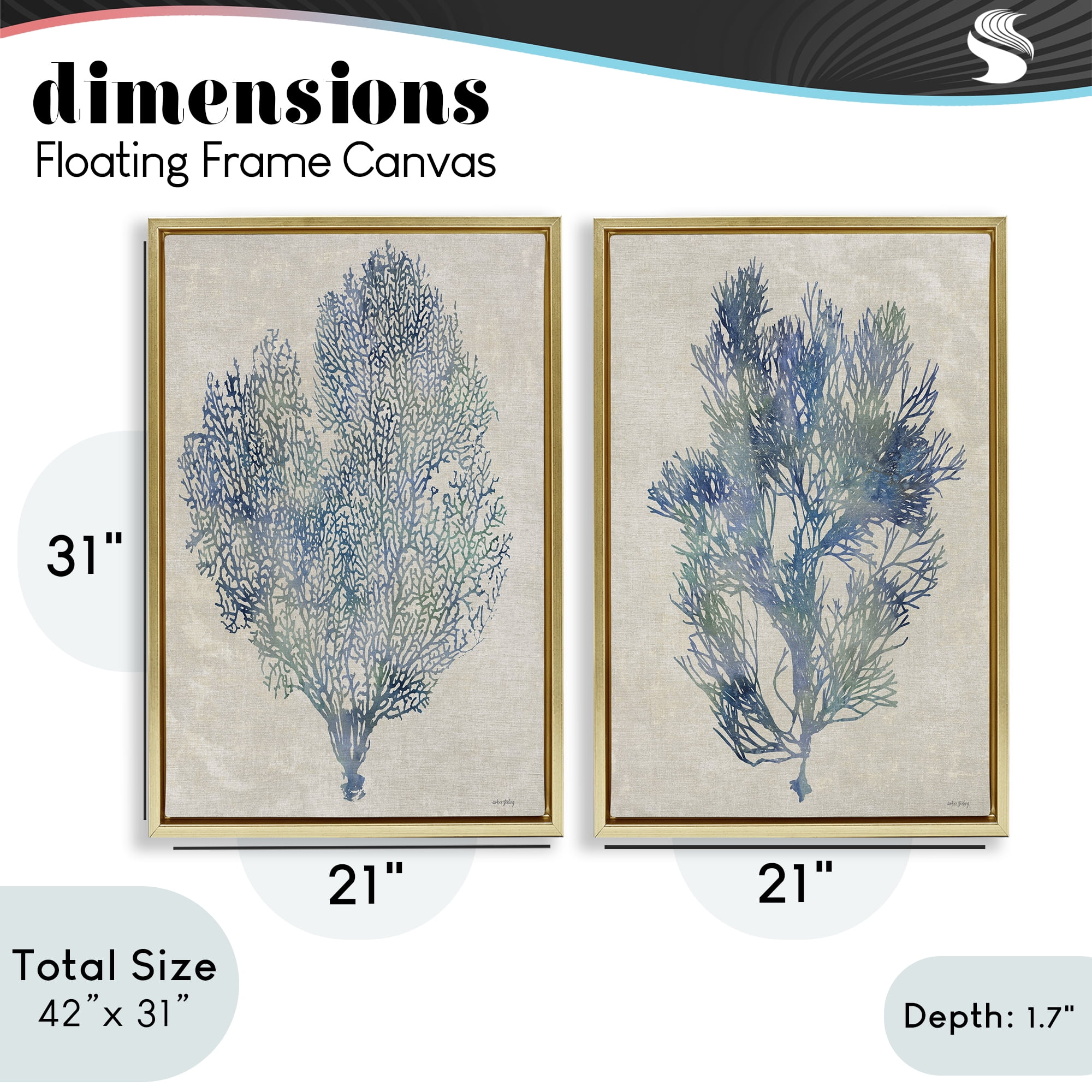 Stupell Industries Fan Coral Study in Blues 2 Piece Gold Framed Floater Canvas Set, design by Amber Sterling