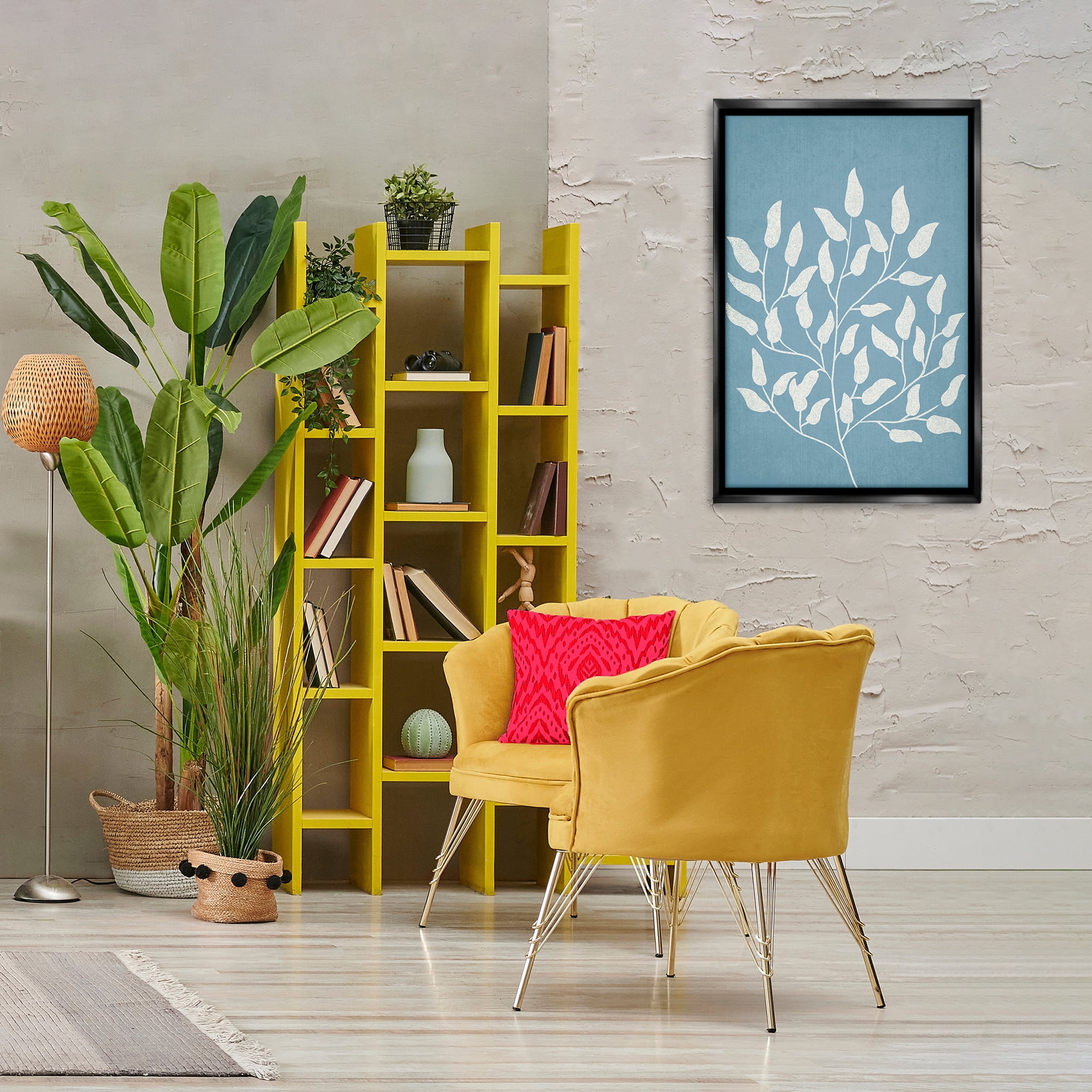 Stupell Industries Leaf Impressions on Blue Plants & Flowers Painting Black Floater Framed Canvas Art Print Wall Art, 21 x 31