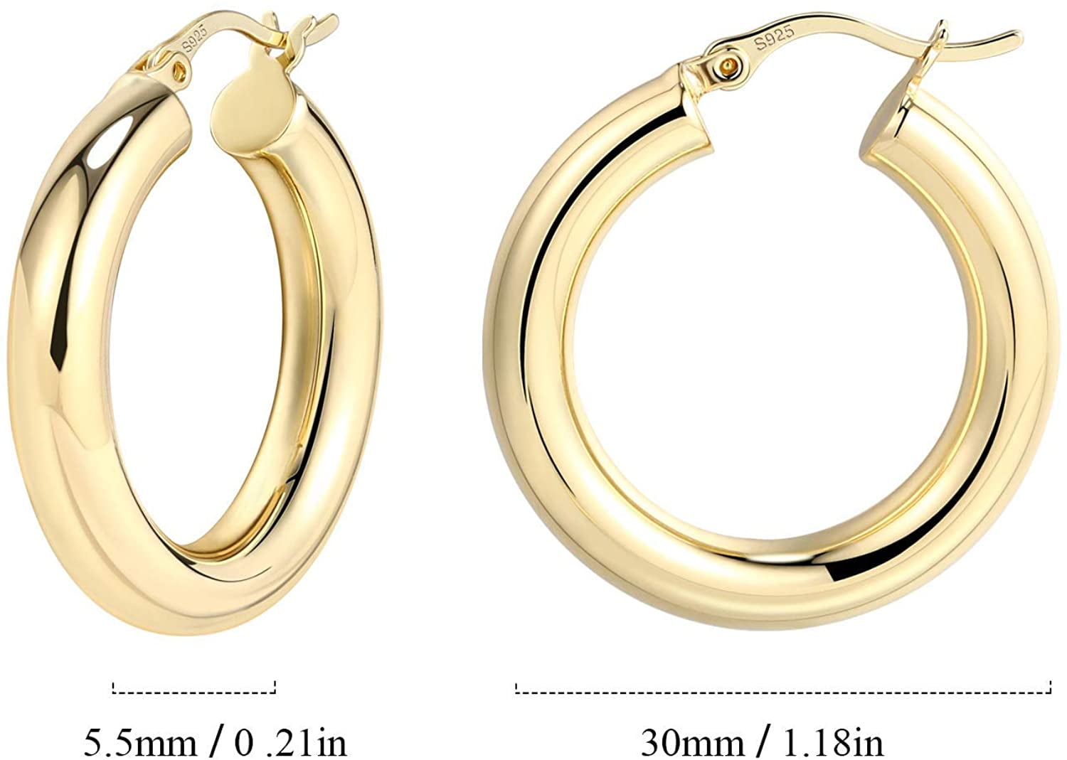 Hoop Earrings for Women Classic Thick Shiny Polished Round-Tube Chunky Hoop Earrings with 925 Sterling Silver Post for Women Girls Gift