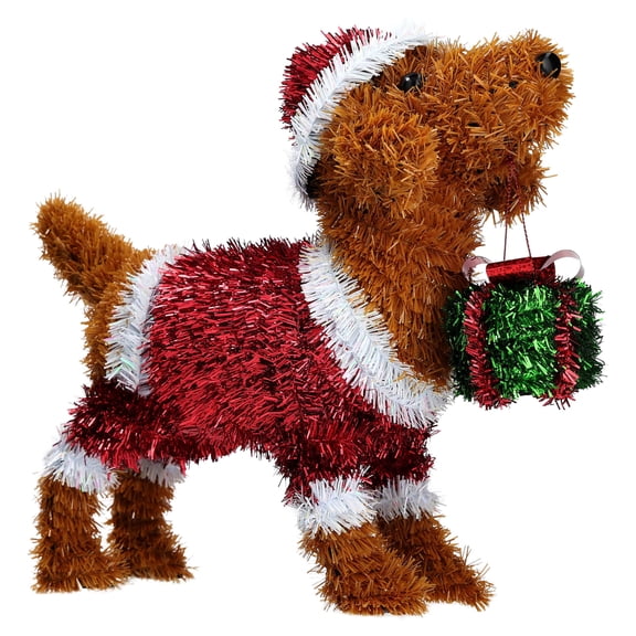 Tinsel Dog with Present Christmas Decoration, Brown/Red/White, 12.5", by Holiday Time