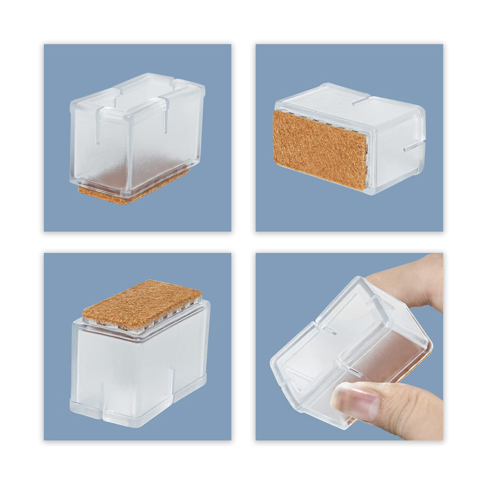 Flyshop 12 Pieces Transparent PVC Rectangle Chair Leg Caps Furniture Table Feet Covers Felt Pads for Hardwood Floor Protector, Fit Length 39 to 48 mm, Width 24 to 30 mm