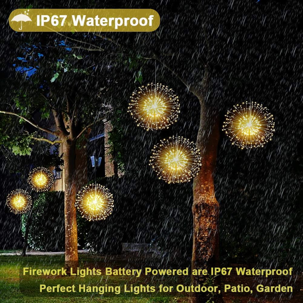 2 Pack Solar Firework Lights 200 LED Solar Garden Dandelion Christmas Lights Lights, 8 Lighting Modes Solar Starburst Lights with Remote for Outdoor Pathway Flowerbed Party Decorations (Warm White)