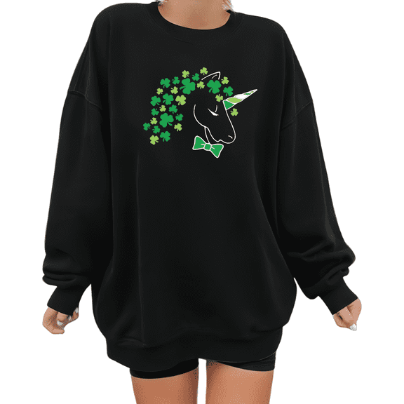 Womens Print Sweatshirt Graphic Sweatshirt St Patricks Day Clover Unicorn Pattern Black Shirts Casual Loose Pullover Tops S-3XL
