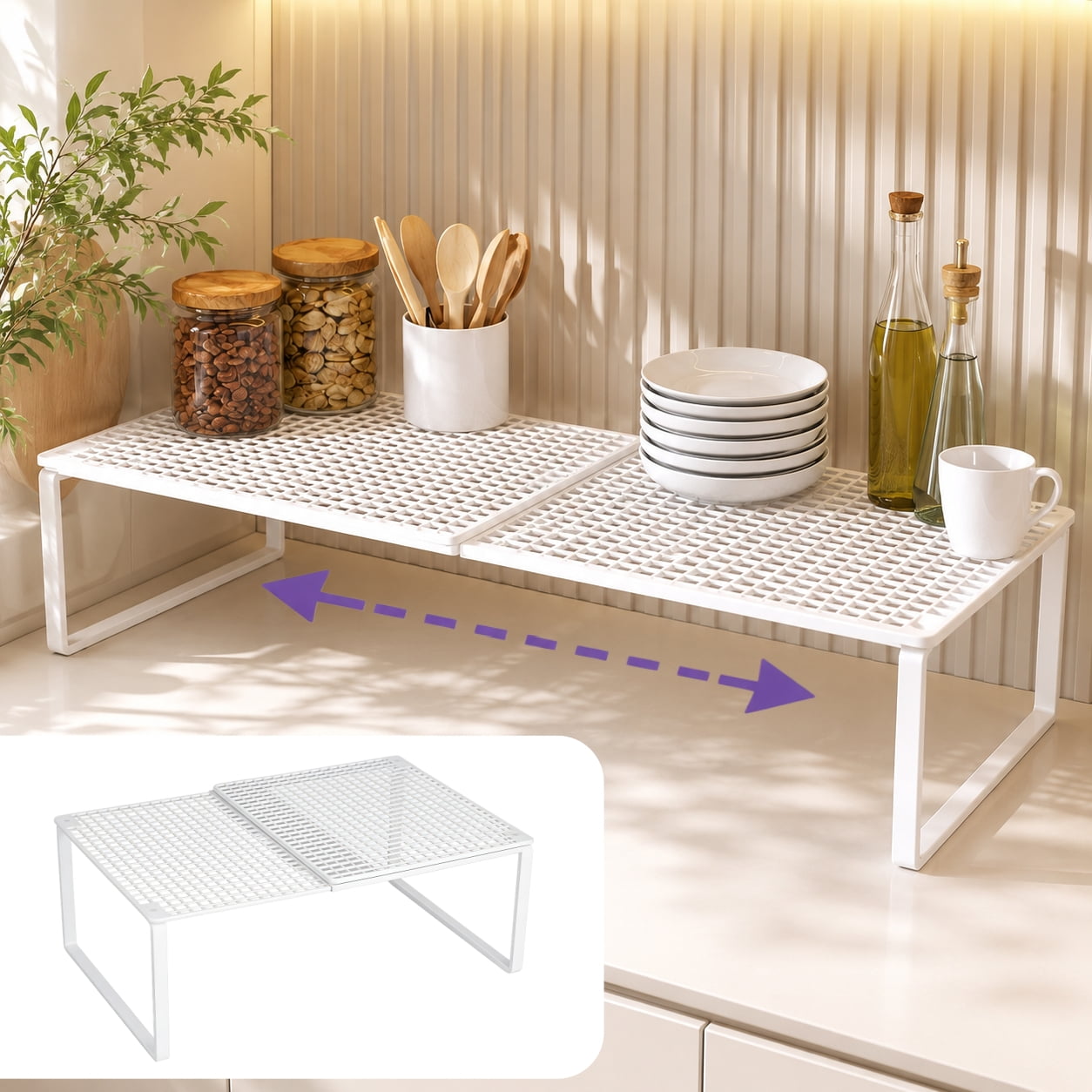 Extendable Cabinet Organizer Shelf, Adjustable Metal Wire Cabinet Shelf Organizer, Stackable Storage Rack 15-24.4in for Kitchen Pantry Bathroom Shoe Cabinet Tool Closet, White