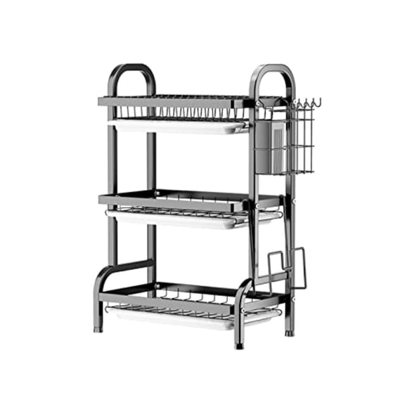3 Tier Dish Drying Rack Large Stainless Steel Over The Sink Dish with Drain Tray Kitchen Dishes Drying Racks Dish Racks for Kitchen Counter Storage Black