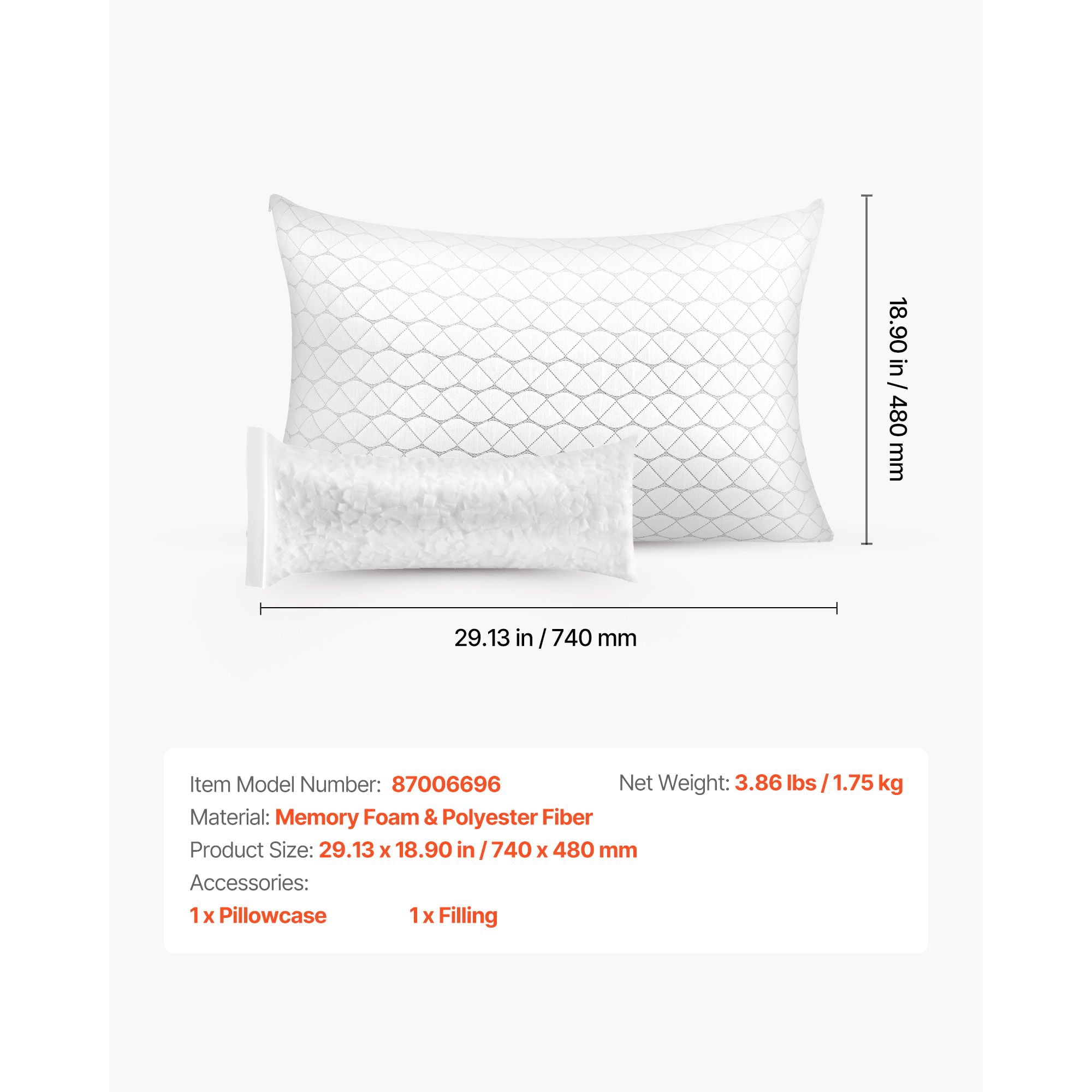 Queen Size Adjustable Memory Foam Pillow with Extra 0.5 lbs Filling for Neck Support Sleep