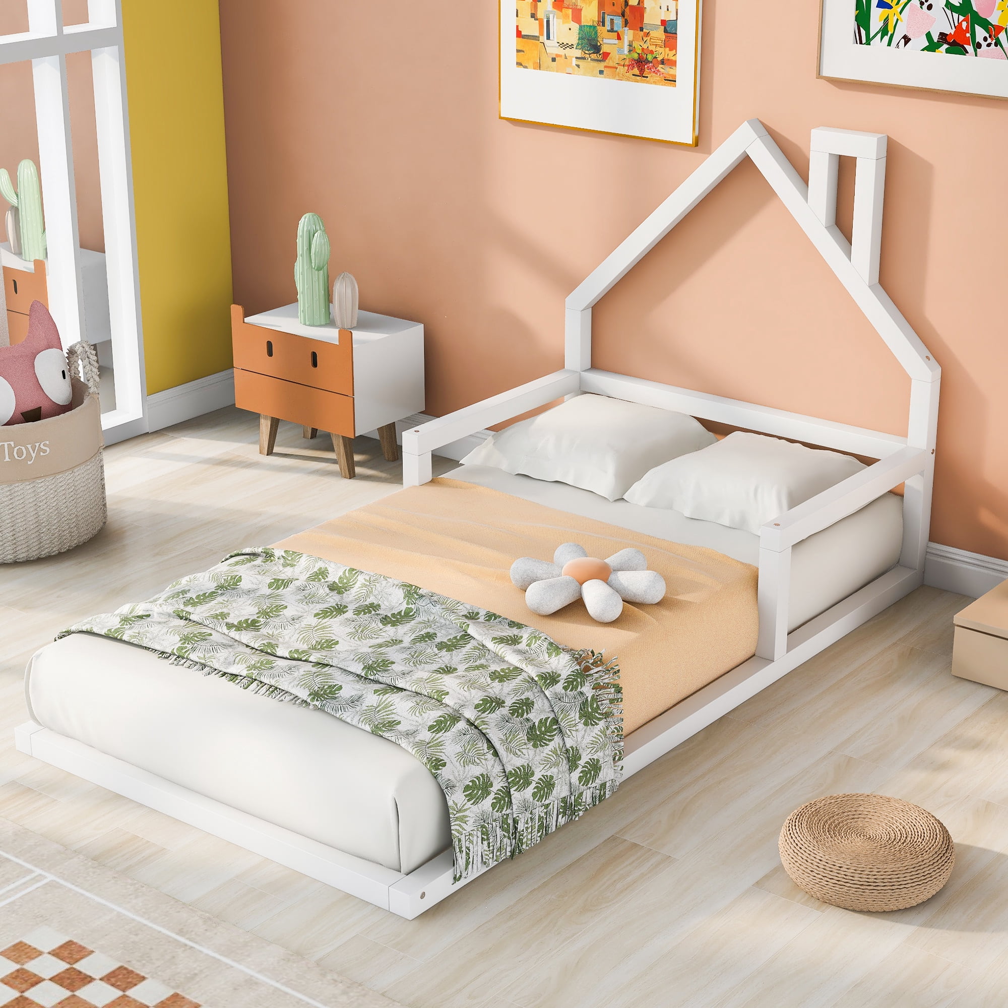 Euroco Twin Size Wood Floor Bed for Bedroom, White