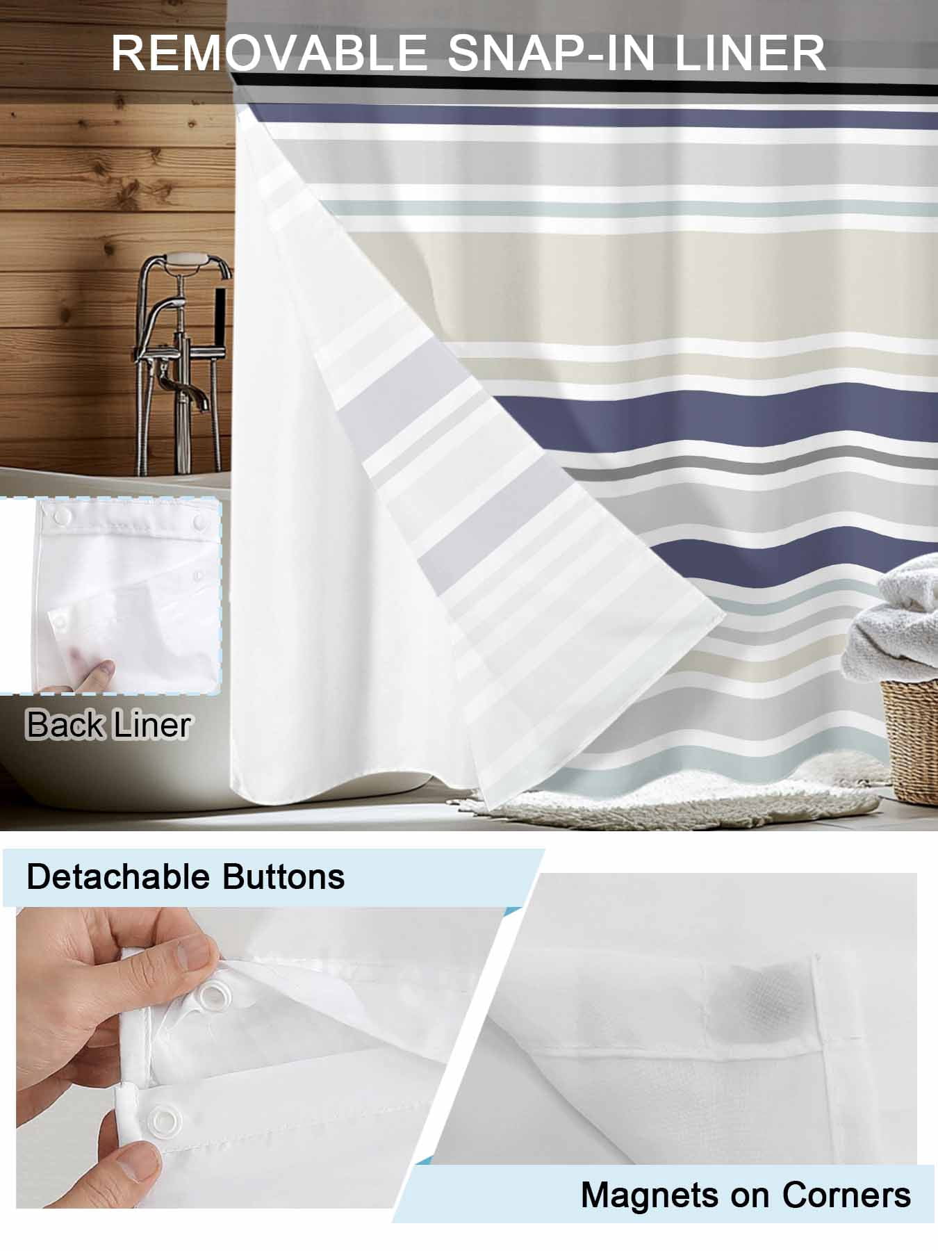 No Hook Shower Curtain with Snap in Liner,Classic Stripes Retro Waterproof Bath Curtain Double Layers with See Through Top Window,Blue Beige White Hotel Shower Curtains 72x72in