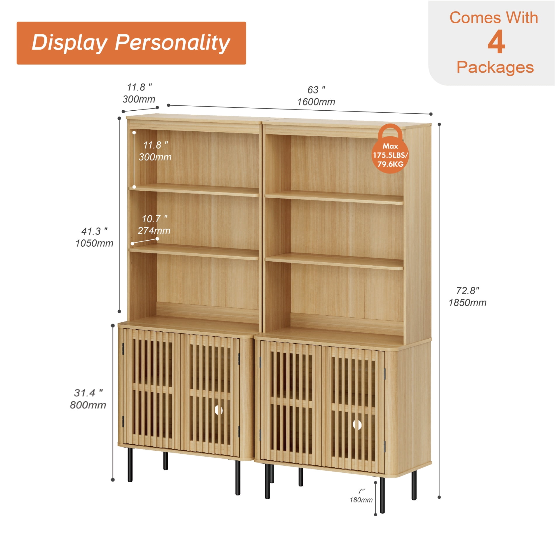 72.8" Tall Bookshelf with Doors - 6 Tiers Large Modern Bookcase with Adjustable Shelves, Oak