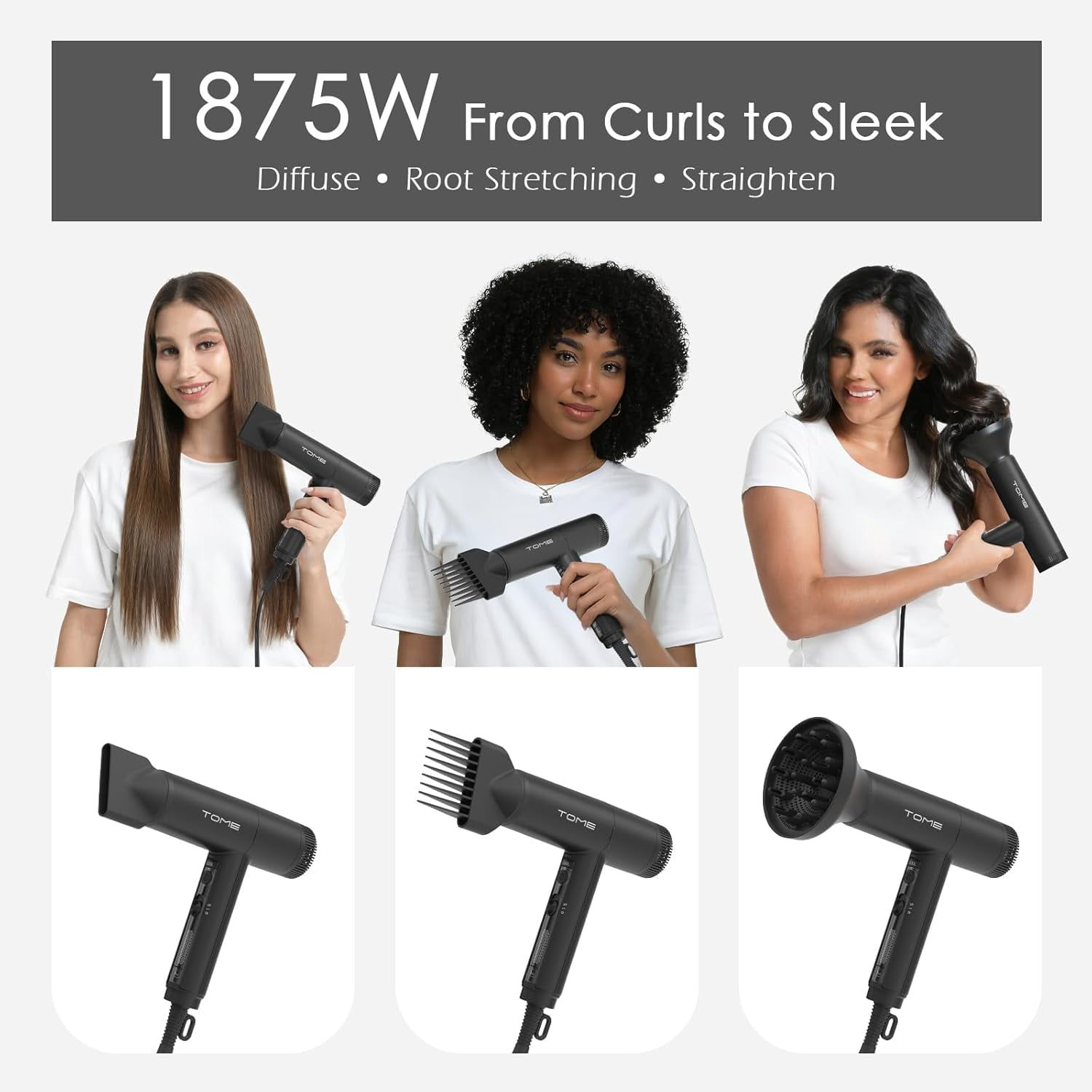 TOME 1875W Hair Dryer High Speed Motor Brushless 110000 RPM Blow Dryer Negative Ionic Cool Shot Lock with Diffuser Comb Nozzle,Black