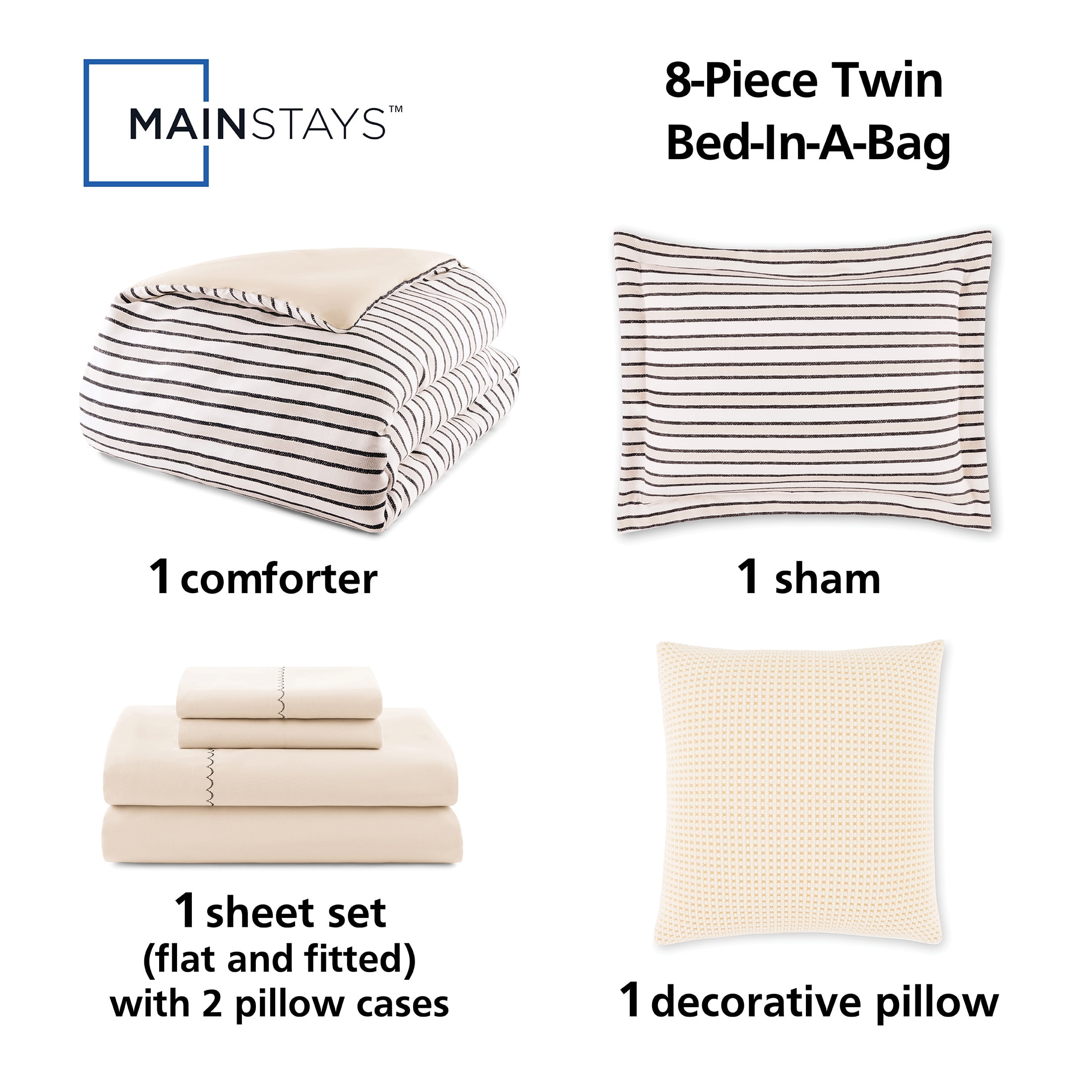 Mainstays Soft Touch Bed in a Bag 8-Piece Reversible Tan & Black Striped Comforter Set with Sheets, Twin/Twin XL
