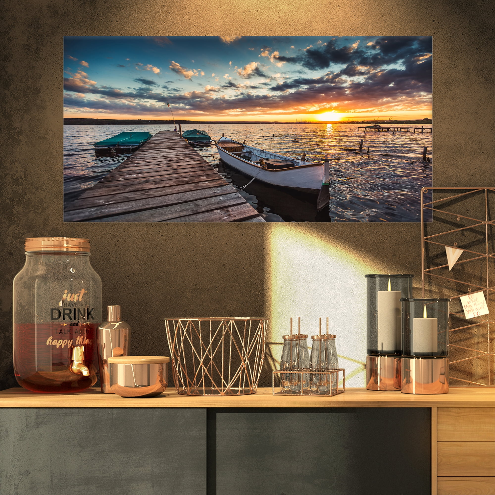 Designart 'Boats and Jetty under Dramatic Sky ' Modern Canvas Art Print